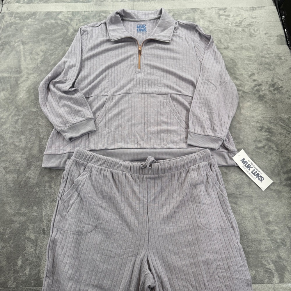 NWT Muk Luks Gray Ribbed Lounge Set 1X Pullover Top Elastic Waist Pants